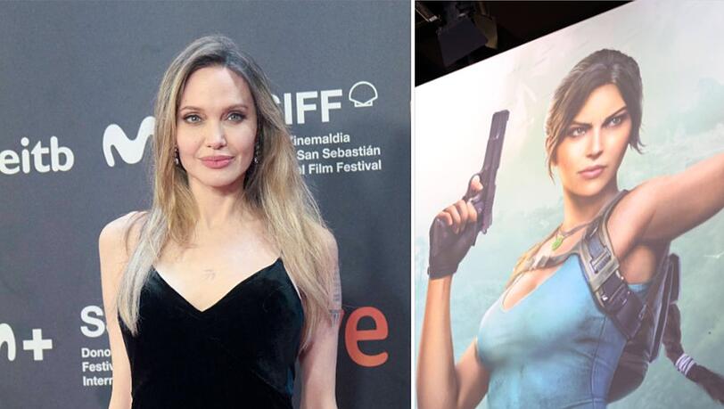 Lara Croft hatte schon viele Gesichter. Hier zu sehen: Angelina Jolie und eine Gamescom-Werbung f&uuml;r das n&auml;chste "Tomb Raider"-Spiel.