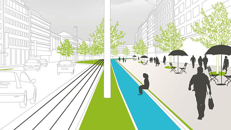 Der "Boulevard Sonnenstraße", erdacht von den Grünen: Autos fahren nur noch auf einer Seite, sonst wird flaniert.