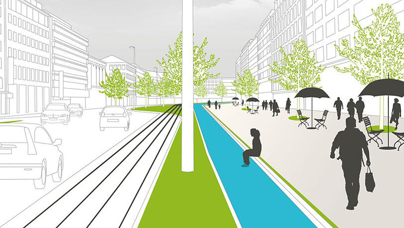 Der "Boulevard Sonnenstraße", erdacht von den Grünen: Autos fahren nur noch auf einer Seite, sonst wird flaniert. Der "Boulevard Sonnenstraße", erdacht von den Grünen: Autos fahren nur noch auf einer Seite, sonst wird flaniert.