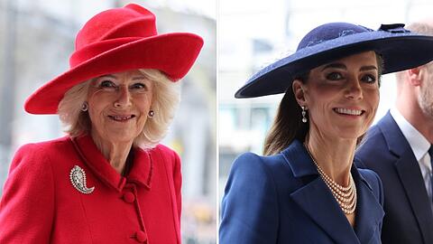K&ouml;nigin Camilla und Prinzessin Kate strahlten beim Commonwealth Day - und w&auml;hlten ganz besondere Schmuckst&uuml;cke.