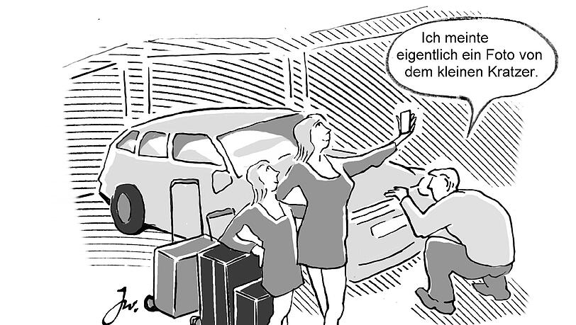 So kann man's natürlich auch machen - aber scharfe Fotos von Beschädigungen am Mietwagen sind vielleicht ein bisschen sinnvoller. So kann man's natürlich auch machen - aber scharfe Fotos von Beschädigungen am Mietwagen sind vielleicht ein bisschen sinnvoller.