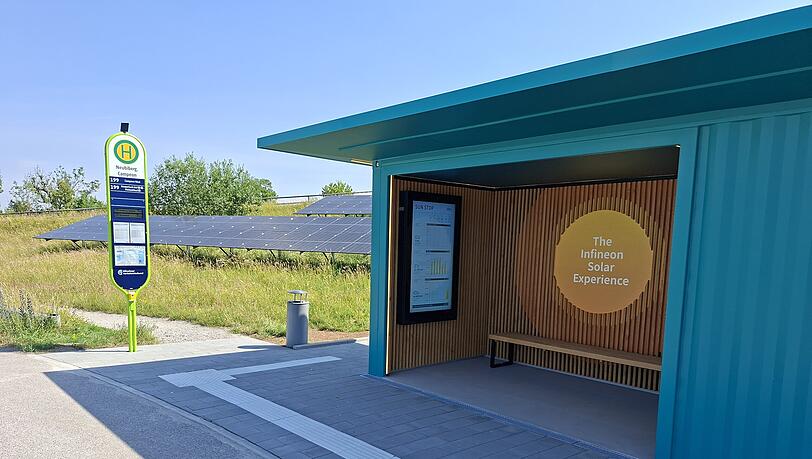 Bei der Bushaltestelle ist ein Display angebracht, der zeigt, wie viel Strom die PV-Anlage erzeugt.