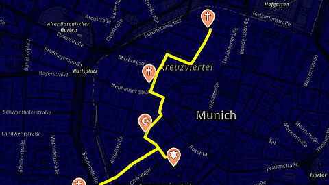 So verläuft die Route der Friedenskette: Salvatorkirche Salvatorstaße, Kardinal-Faulhaber-Straße, Promenadeplatz, Karmelitterstraße, Ettstraße, St. Michael Neuhauser Straße, Färbergraben, Münchner Forum für Islam Hotterstraße, Hackenstraße, Synagoge Ohel Jakob St.-Jakobs-Platz, Hackenstraße, Sendlingerstrasse, Sendlinger-Tor-Platz, St. Matthäus Nussbaumstraße