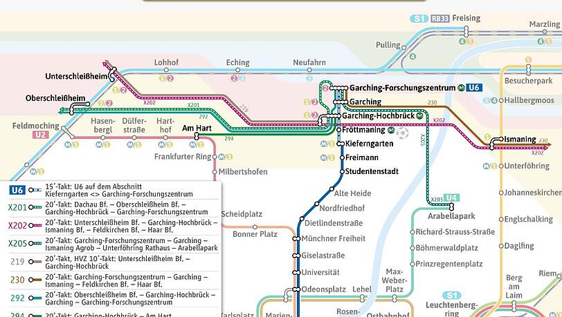 Mögliche Alternativrouten zur unterbrochenen U6 in München.