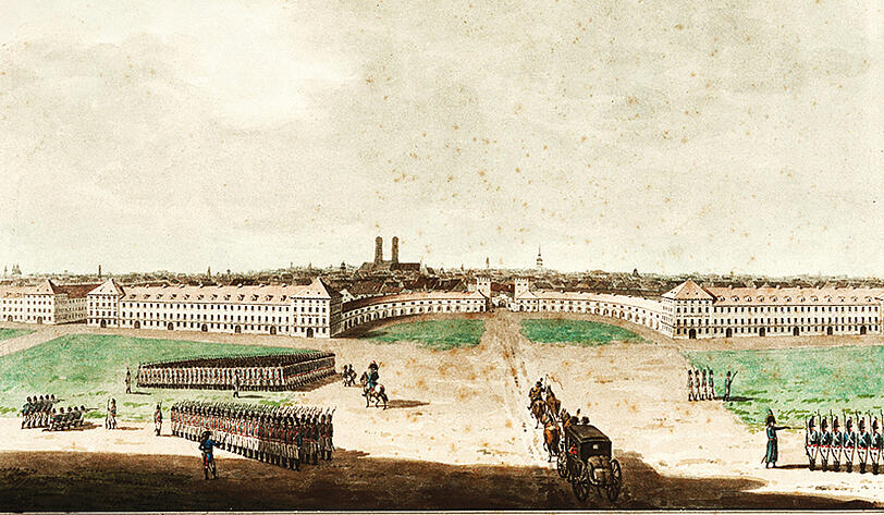 Der Entwurf von Franz Thurn für einen Karlsplatz mit weitläufigen grünen Rasenflächen von 1799, der jedoch so nie realisiert wurde.