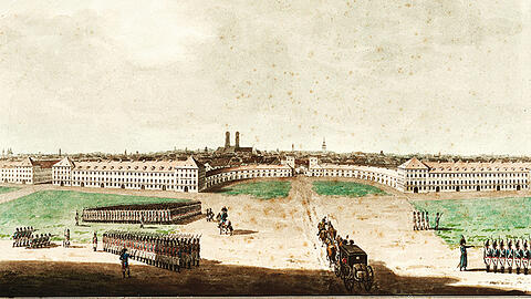 Der Entwurf von Franz Thurn für einen Karlsplatz mit weitläufigen grünen Rasenflächen von 1799, der jedoch so nie realisiert wurde.