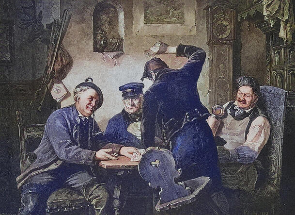 Eine historische Zeichnung aus dem 19. Jahrhundert zeigt vier Männer in einem Dorfwirtshaus beim Schafkopfen. Eine historische Zeichnung aus dem 19. Jahrhundert zeigt vier Männer in einem Dorfwirtshaus beim Schafkopfen.