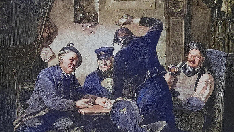 Eine historische Zeichnung aus dem 19. Jahrhundert zeigt vier Männer in einem Dorfwirtshaus beim Schafkopfen. Eine historische Zeichnung aus dem 19. Jahrhundert zeigt vier Männer in einem Dorfwirtshaus beim Schafkopfen.