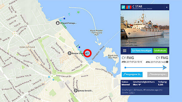 Gestrandet vor Zypern: Seit dem 24. Juli liegt die C Star (roter Kreis) im Hafen von Famagusta.