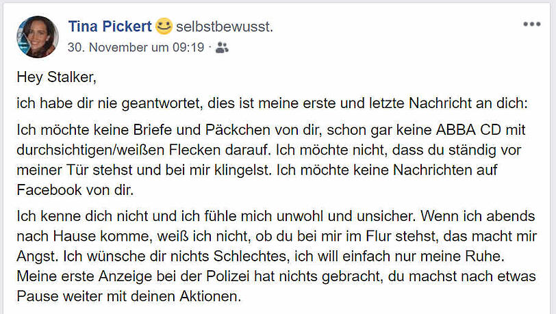 Pickerts Facebook-Antwort auf den Stalker. Pickerts Facebook-Antwort auf den Stalker.
