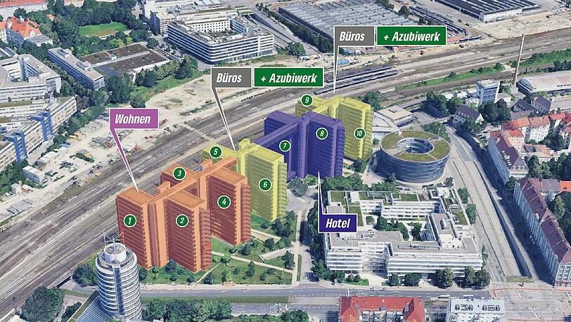 Die Ten Towers in Berg am Laim. Rechts der Leuchtenbergring, unten die Berg-am-Laim-Stra&szlig;e.