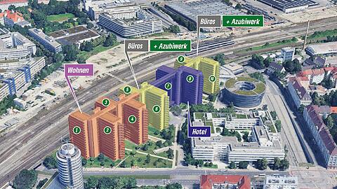 Die Ten Towers in Berg am Laim. Rechts der Leuchtenbergring, unten die Berg-am-Laim-Stra&szlig;e.