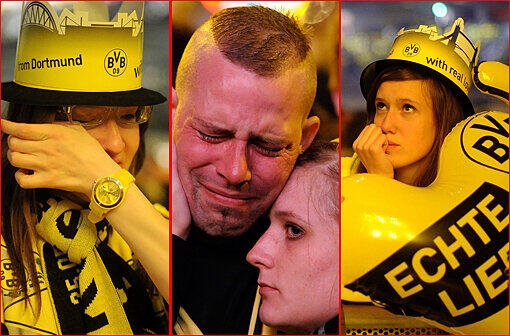 Traurig und niedergeschlagen: Die Fans des BVB sahen ein großartiges Spiel ihrer Mannschaft. Aber Arjen Robben machte in der 89. Minute mit dem Siegtreffer alle gelben Träume zunichte. Die Bilder von der Fanmeile in Dortmund.