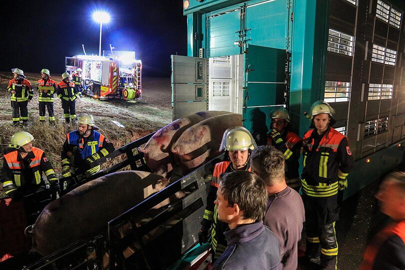 In Unterfranken kam es in der Nacht auf Dienstag zu einem schlimmen Unfall mit einem Viehtransporter - die Bilder.