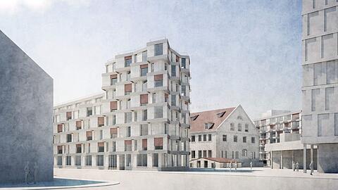 Zukünftiger Blick vom Knie: Die renovierte Kupa als Nukleus. Blickfang am 25 Meter hohen Wohnturm (l.) an der Landsberger Straße sind die asymmetrischen Erker.