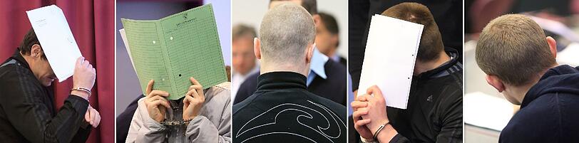 Die Bildkombo zeigt die Angeklagten (v. l.) Mindaugas L, Svajunas S., Elvadas J. Vytautas L. und Laimonas L. vor Gericht in Dessau.