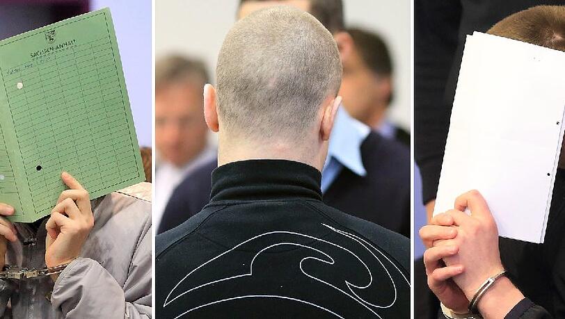 Die Bildkombo zeigt die Angeklagten (v. l.) Mindaugas L, Svajunas S., Elvadas J. Vytautas L. und Laimonas L. vor Gericht in Dessau. Die Bildkombo zeigt die Angeklagten (v. l.) Mindaugas L, Svajunas S., Elvadas J. Vytautas L. und Laimonas L. vor Gericht in Dessau.