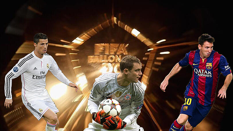 Die drei besten Spieler der Welt 2014 (v.l.): Cristiano Ronaldo, Manuel Neuer und Lionel Messi. Die drei besten Spieler der Welt 2014 (v.l.): Cristiano Ronaldo, Manuel Neuer und Lionel Messi.