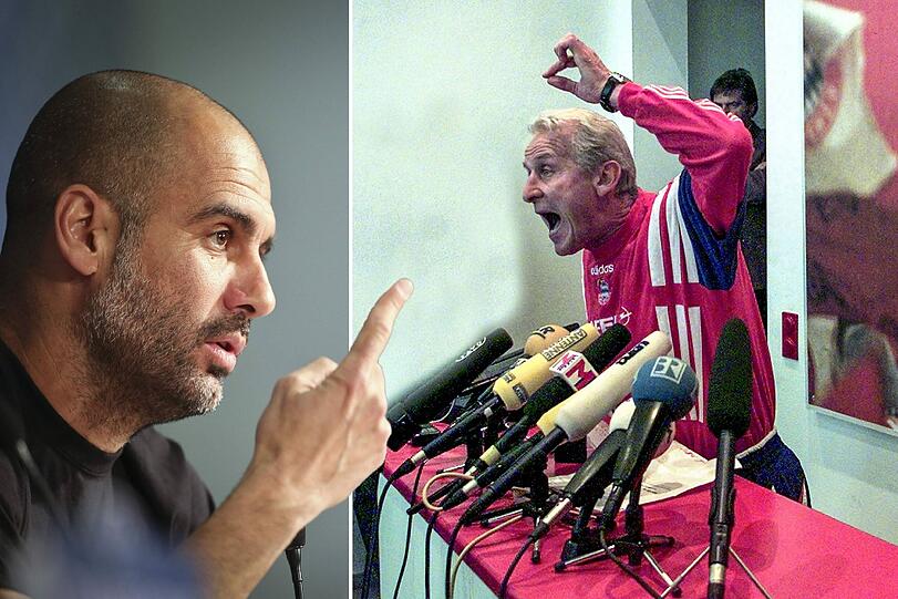 Pep Guardiola (l.) auf einer Champions-League-Pressekonferenz und Giovanni Trapattoni (r) bei seiner Wutrede im März 1998.
