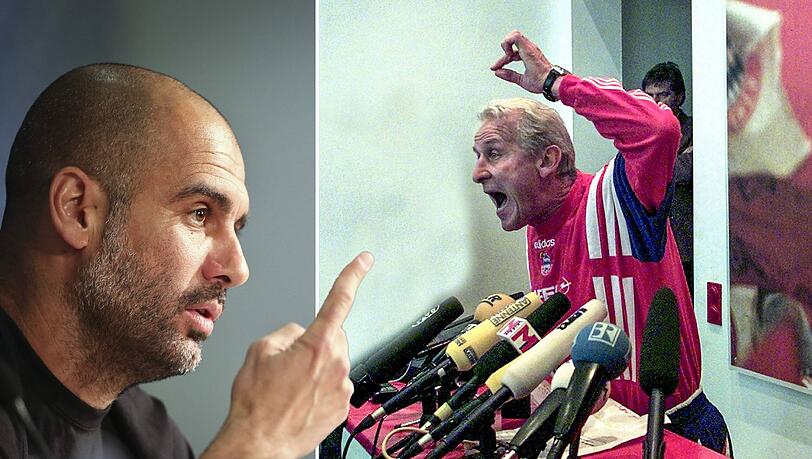 Pep Guardiola (l.) auf einer Champions-League-Pressekonferenz und Giovanni Trapattoni (r) bei seiner Wutrede im März 1998. Pep Guardiola (l.) auf einer Champions-League-Pressekonferenz und Giovanni Trapattoni (r) bei seiner Wutrede im März 1998.