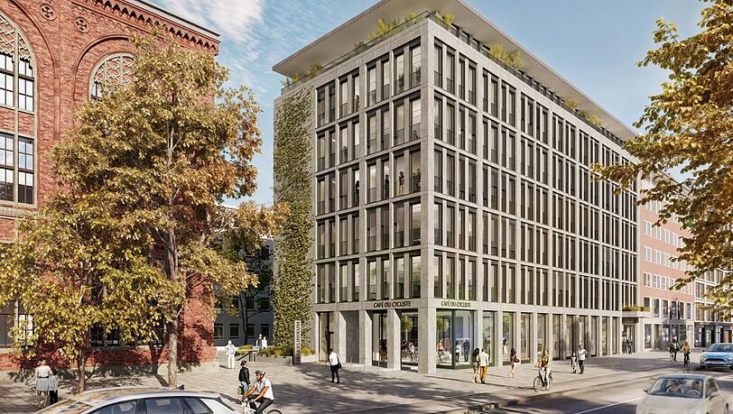 Links der historische Bürklein-Bau Isarpost, der in den 1850er Jahren als Geburtsklinik gebaut wurde. Daneben dieser Büroneubau mit viel Glas den bisherigen, knapp 80 Jahre alten Altbau ersetzen. 2027 soll das neue Haus fertig sein.