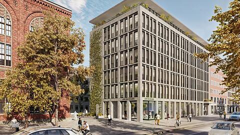 Links der historische Bürklein-Bau Isarpost, der in den 1850er Jahren als Geburtsklinik gebaut wurde. Daneben dieser Büroneubau mit viel Glas den bisherigen, knapp 80 Jahre alten Altbau ersetzen. 2027 soll das neue Haus fertig sein.