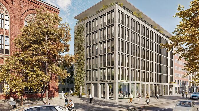 Links der historische Bürklein-Bau Isarpost, der in den 1850er Jahren als Geburtsklinik gebaut wurde. Daneben dieser Büroneubau mit viel Glas den bisherigen, knapp 80 Jahre alten Altbau ersetzen. 2027 soll das neue Haus fertig sein.