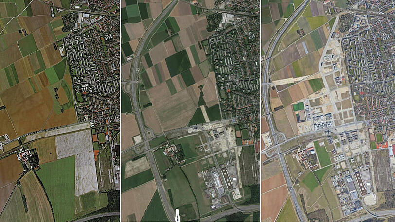 Von links nach rechts kann hier die Entwicklung von Freiham nachverfolgt werden. 2001 ist noch nicht viel zu sehen. 2012 schaut&rsquo;s schon anders aus: Die Autobahn 99 rahmt das neue Viertel ein. 2019: Die ersten Gebäude haben einige Felder ersetzt. In den kommenden zehn Jahren wird weiter gebaut.