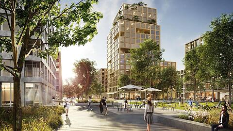 So könnte das neue Quartier am Taufkirchner Bahnhof einmal aussehen. Eine Visualisierung der Architekten vom Büro Steidle.