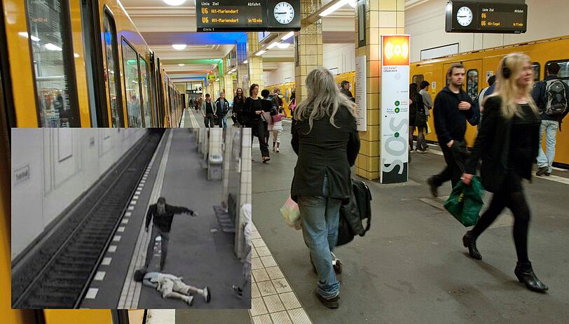 Eine Überwachungskamera im U-Bahnhof Berlin-Friedrichstraße zeigt den brutalen Überfall: Ein 18-Jähriger tritt mit voller Wucht auf den Kopf seines am Boden liegenden Opfers.