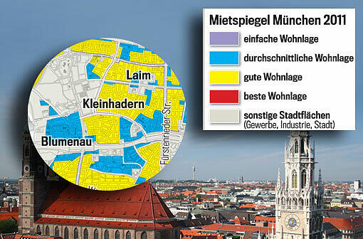 Die Lage macht&rsquo;s: Je nach farblicher Markierung fällt auch die Grundmiete unterschiedlich hoch aus. Der Mietspiegel gilt ab 20. März 2013. Wohnen Sie in bester Lage? Einfach weiterklicken!
