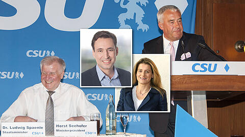 Ludwig Spaenle ist mit 90 Prozent als Parteichef bestätigt worden. Seit Horst Seehofer (l) Mechthilde Wittmann (r. kl. Bild) lobt, ist sie Intrigen ausgesetzt. Georg Eisenreich (l. kl. Bild) könnte um seinen Staatssekretär-Posten fürchten.