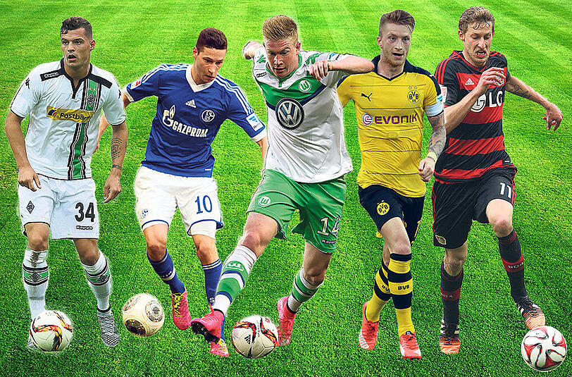 Diese Stars fordern den FC Bayern (von links): Xhaka von Mönchengladbach, der Schalker Draxler, Wolfsburgs De Bruyne, BVB-Profi Reus und Leverkusens Kießling.