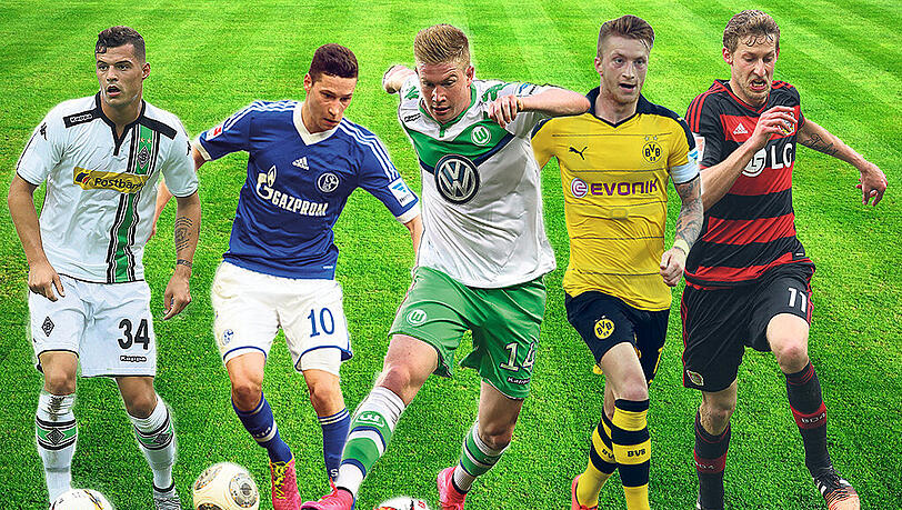 Diese Stars fordern den FC Bayern (von links): Xhaka von Mönchengladbach, der Schalker Draxler, Wolfsburgs De Bruyne, BVB-Profi Reus und Leverkusens Kießling. Diese Stars fordern den FC Bayern (von links): Xhaka von Mönchengladbach, der Schalker Draxler, Wolfsburgs De Bruyne, BVB-Profi Reus und Leverkusens Kießling.