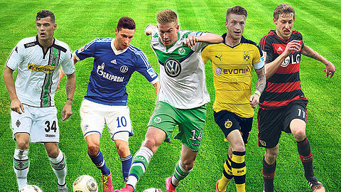 Diese Stars fordern den FC Bayern (von links): Xhaka von Mönchengladbach, der Schalker Draxler, Wolfsburgs De Bruyne, BVB-Profi Reus und Leverkusens Kießling.