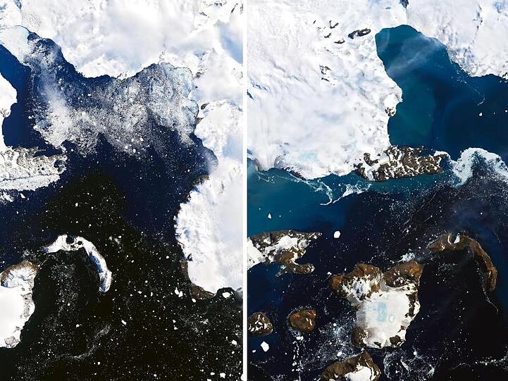Die Kombo aus zwei Satellitenbildern zeigt das Schmelzen auf der Eiskappe der Insel Eagle Island in der Antarktis.