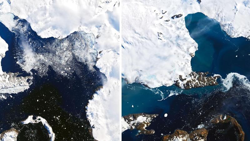 Die Kombo aus zwei Satellitenbildern zeigt das Schmelzen auf der Eiskappe der Insel Eagle Island in der Antarktis. Die Kombo aus zwei Satellitenbildern zeigt das Schmelzen auf der Eiskappe der Insel Eagle Island in der Antarktis.
