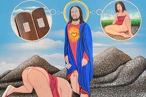 Eine Frau kniet vor Jesus, begrapscht ihn &ndash; und er lässt sich&rsquo;s gern gefallen: Für Cheri Sembas Bilder braucht man keinen Dolmetscher.