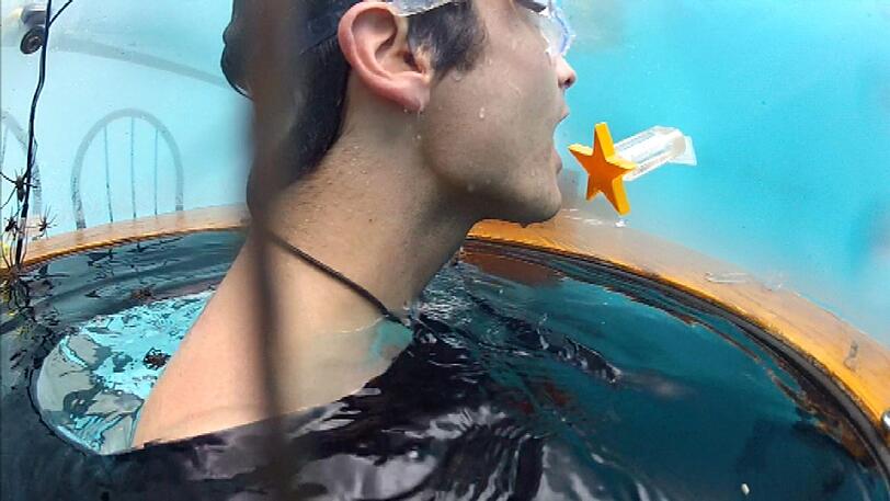 Mit dem Mund muss Patrick nun die Sterne aus den Hauben fischen. In der mittleren Haube ist nur Luft, die er zum Atemholen nutzen kann. Neben dem Tisch steht auch ein Regal mit einer Haube und am anderen Ende des Tisches wartet ein Kamin mit dem letzten Stern. Den darf er mit den Händen öffnen und mit den Stern herausholen.