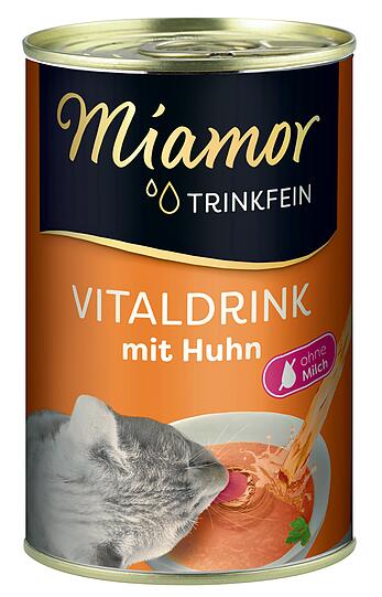 Vitaldrink mit Huhn. Inhalt in 3-4 Portionen über 2 Tage aufteilen. Wenn nur Trockenfutter gefüttert wird, entspricht der Inhalt einer Dose dem Flüssigkeitsbedarf eines Tages.
