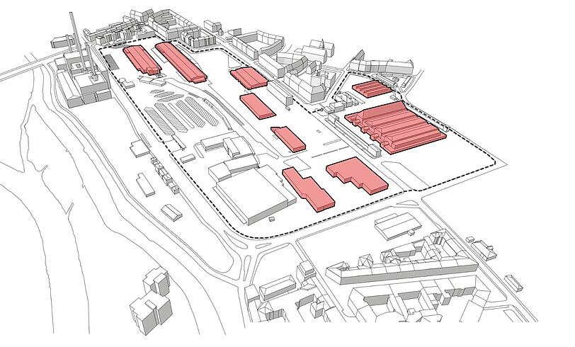 Rot: Die Bestandsgebäude des Großmarkts sind übers Gelände verstreut.
