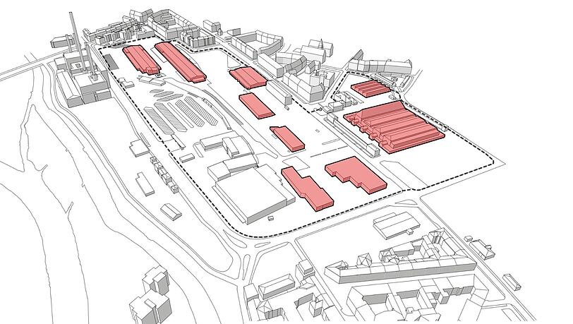 Rot: Die Bestandsgebäude des Großmarkts sind übers Gelände verstreut. Rot: Die Bestandsgebäude des Großmarkts sind übers Gelände verstreut.