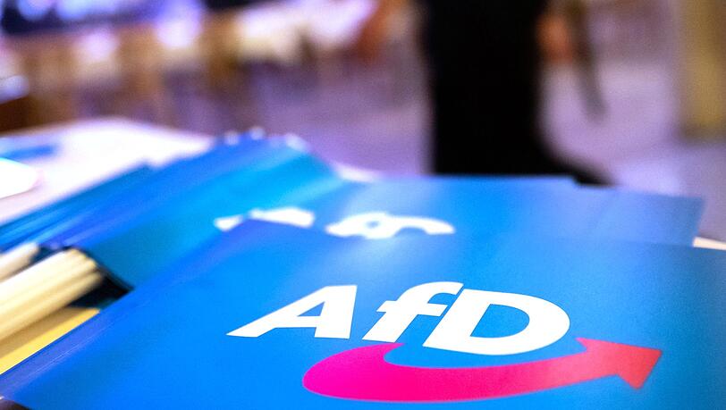 Fähnchen mit dem Logo der AfD liegen auf einem Tisch.