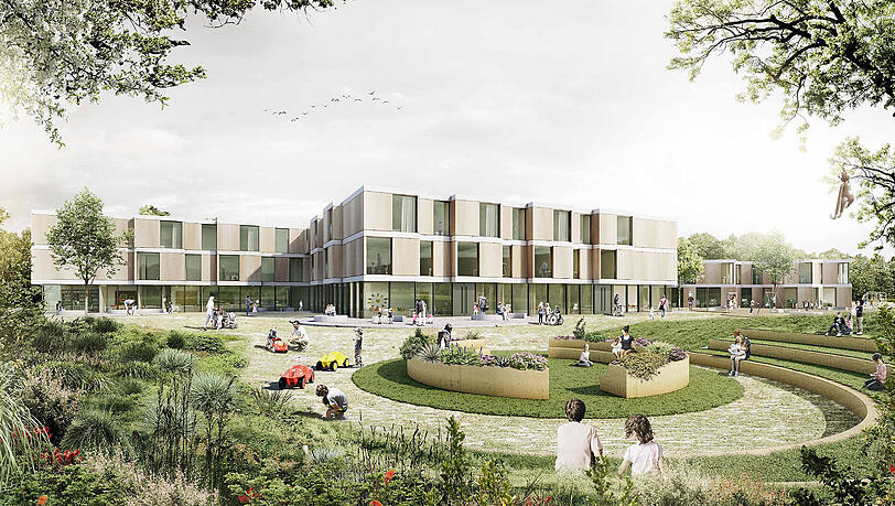 Das neue Kinderzentrum von außen in der Visualisierung. Das neue Kinderzentrum von außen in der Visualisierung.