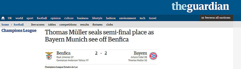 theguardian.com (Großbritannien): "Thomas Müller besiegelt Halbfinaleinzug nach Duell gegen Benfica"