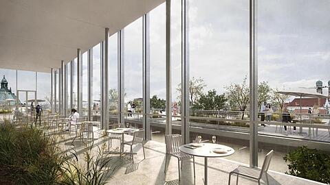 Auf das Dach des früheren Kaufhofs wird eine Art Wintergarten mit Terrasse gesetzt.