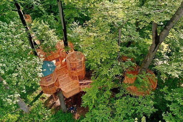 Das bisher größte und außergewöhnlichste Projekt der Firma Baumbaron: Ein Baumhauspark beim Schloss Moyland in Nordrhein-Westfalen. Das bisher größte und außergewöhnlichste Projekt der Firma Baumbaron: Ein Baumhauspark beim Schloss Moyland in Nordrhein-Westfalen.