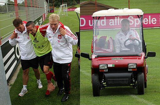 Schrecksekunde im Training des FC Bayern München. Franck Ribery hat sich am Sprunggelenk verletzt.