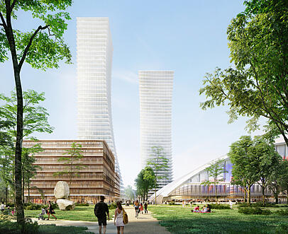 So hoch sollen sie werden: die 155-Meter-Türme an der Paketposthalle. Die Fassade ist in der Mache. Sie soll mäanderförmig sein. An der Stellung der Türme zueinander wird gefeilt. So hoch sollen sie werden: die 155-Meter-Türme an der Paketposthalle. Die Fassade ist in der Mache. Sie soll mäanderförmig sein. An der Stellung der Türme zueinander wird gefeilt.