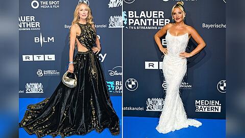Jenny Elvers (li.) und Evelyn Burdecki strahlten auf dem Blue Carpet beim "Blauen Panther".